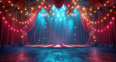 Red Stage Curtains With String Lights and Wooden Floor photo