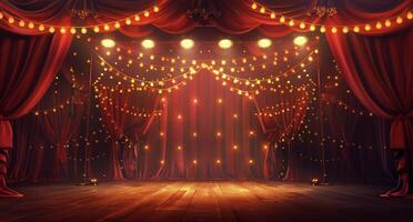 Red Stage Curtains With String Lights and Wooden Floor photo