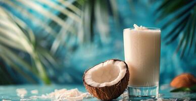 Fresh Coconut Milk Drink With Coconut Half on Blue Background photo