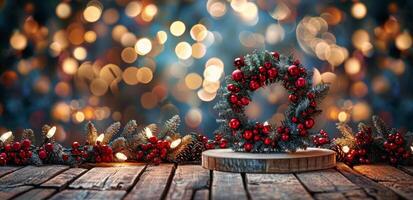 Festive Christmas Wreath With Lights on Wooden Table photo