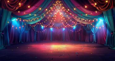 Red Stage Curtains With String Lights and Wooden Floor photo
