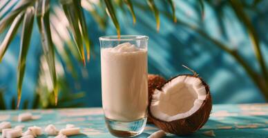 Fresh Coconut Milk Drink With Coconut Half on Blue Background photo