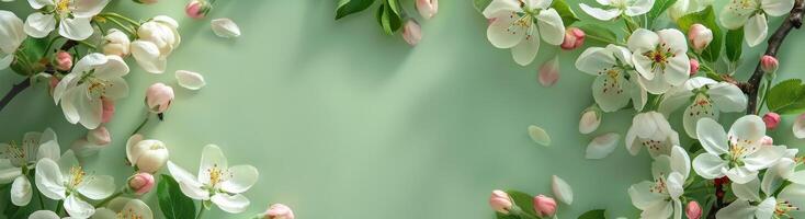 White Apple Blossoms and Pink Buds on a Green Background photo