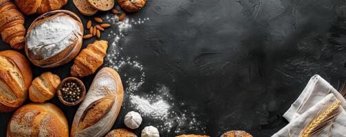 Freshly Baked Bread And Pastry Assortment On Black Background photo