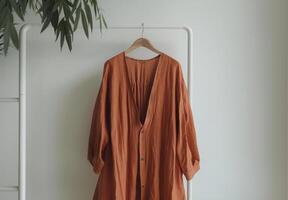 Rust Colored Sheer Blouse With Bell Sleeves Hanging on a White Hanger photo
