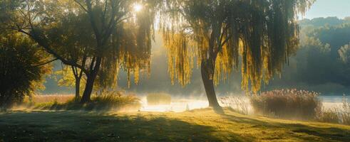 Tranquil Fall Morning by the River With Mist and Golden Trees photo
