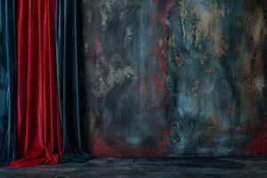 Red and Blue Velvet Curtains Against a Distressed Concrete Wall photo