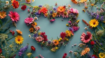 Colorful Wildflowers Arranged In Heart Shape On Blue Background photo