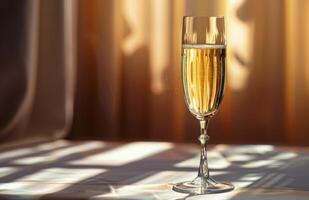 Champagne Glass on a Reflective Surface With Golden Light photo