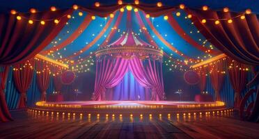 Red Stage Curtains With String Lights and Wooden Floor photo