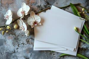 White Orchid Flowers and Blank Card on Grey Background photo