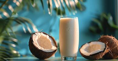 Fresh Coconut Milk Drink With Coconut Half on Blue Background photo