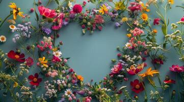 Colorful Wildflowers Arranged In Heart Shape On Blue Background photo