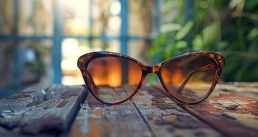 Brown Cat-Eye Sunglasses Resting on a Wooden Surface With a Blurry Sunlit Background photo