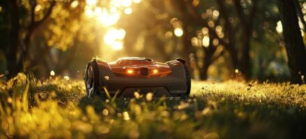 Robotic Lawn Mower in Lush Green Grass With Sunset Backdrop photo