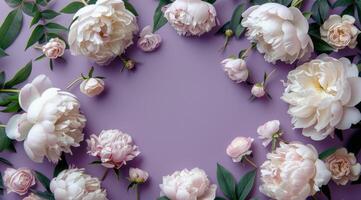 White Peonies and Buds Arranged on a Purple Background photo