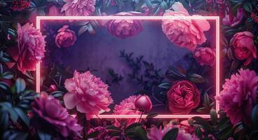 Pink Neon Frame Surrounding Peonies in a Garden at Night photo