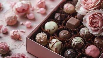 Assorted Chocolate Truffles With Pink Roses and Petals photo