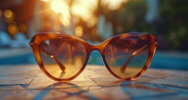 Brown Cat-Eye Sunglasses Resting on a Wooden Surface With a Blurry Sunlit Background photo