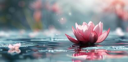 Pink Water Lily Floating On Calm Water In The Morning Mist photo