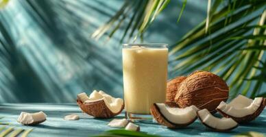 Fresh Coconut Milk Smoothie With Tropical Palm Leaves and Sunlight photo