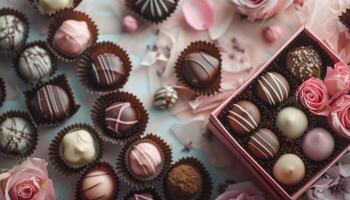 Assorted Chocolate Truffles With Pink Roses and Petals photo