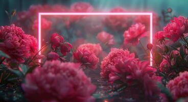Pink Neon Frame Surrounding Peonies in a Garden at Night photo