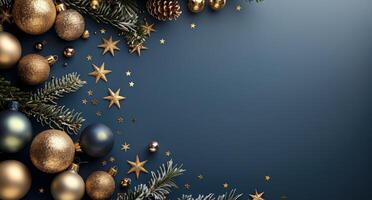 Festive Christmas Ornaments and Pine Sprigs on Blue Background photo