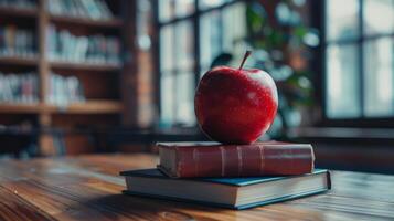 A Red Apple Rests Atop Two Books In A Library Setting photo