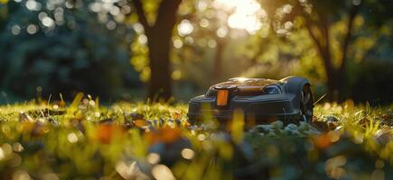 Black Robotic Lawn Mower Cutting Grass in a Sunny Park photo