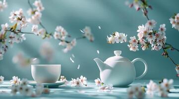 White Teapot and Cup With Falling Cherry Blossoms on a Blue Tabletop photo