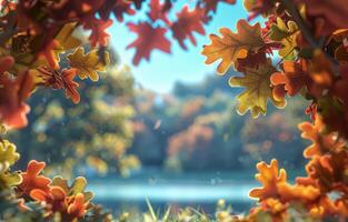 Autumn Leaves Falling on a Calm River in the Sunlight photo