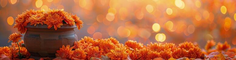 Orange Chrysanthemum Flowers in a Terracotta Pot on a Sunny Day photo