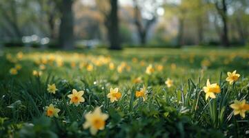 Daffodils Blooming in a Sunny Park Meadow photo