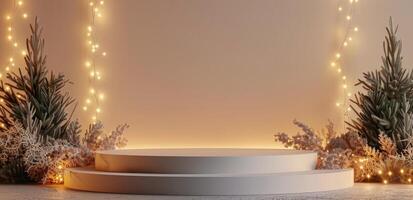 festivo Navidad decoración con blanco plataforma y centelleo luces foto