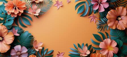 Paper Flower Arrangement With Tropical Leaves on Orange Background photo