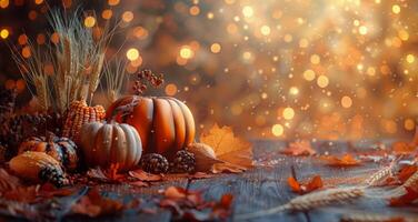Autumnal Still Life With Pumpkins, Wheat, and Leaves on Wooden Table photo