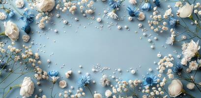 Blue and White Flowers With Pearls on Light Blue Background photo