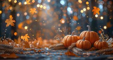 Autumnal Still Life With Pumpkins, Wheat, and Leaves on Wooden Table photo