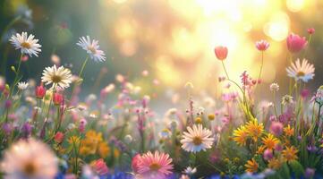 A Field Of Colorful Wildflowers Blooming In The Morning Sun photo