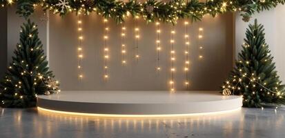 Festive Christmas Decor With White Platform and Twinkling Lights photo