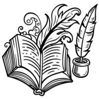 an open book with a feather and quill vector