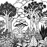 a black and white drawing of a jungle scene vector