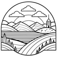 a black and white drawing of a landscape with mountains and trees vector