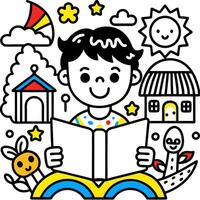 a boy reading a book with a rainbow and other objects vector