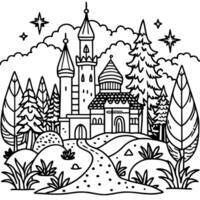 a castle in the forest coloring page vector