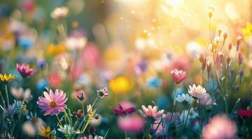 A Field Of Colorful Wildflowers Blooming In The Morning Sun photo