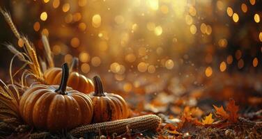 Autumnal Still Life With Pumpkins, Wheat, and Leaves on Wooden Table photo