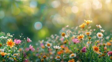A Field Of Colorful Wildflowers Blooming In The Morning Sun photo
