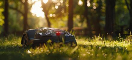 Robotic Lawn Mower in Lush Green Grass With Sunset Backdrop photo